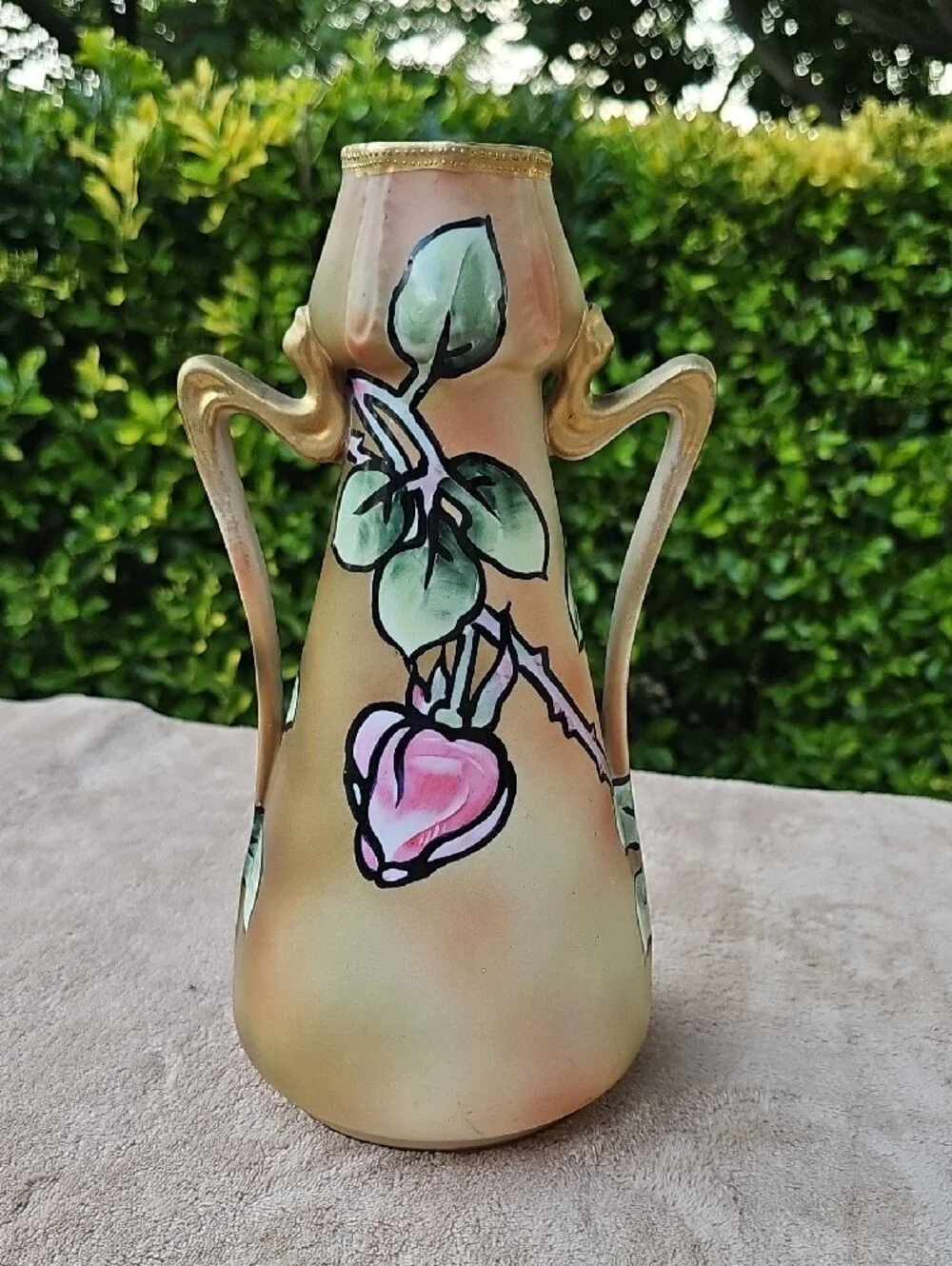 Nippon - Art Nouveau-Style Gold Floral Ceramic Vase with Pink Roses